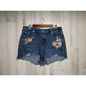 American Eagle Mom Shorts Women Sz 16 Blue Cotton Blend Denim Floral Embroidered